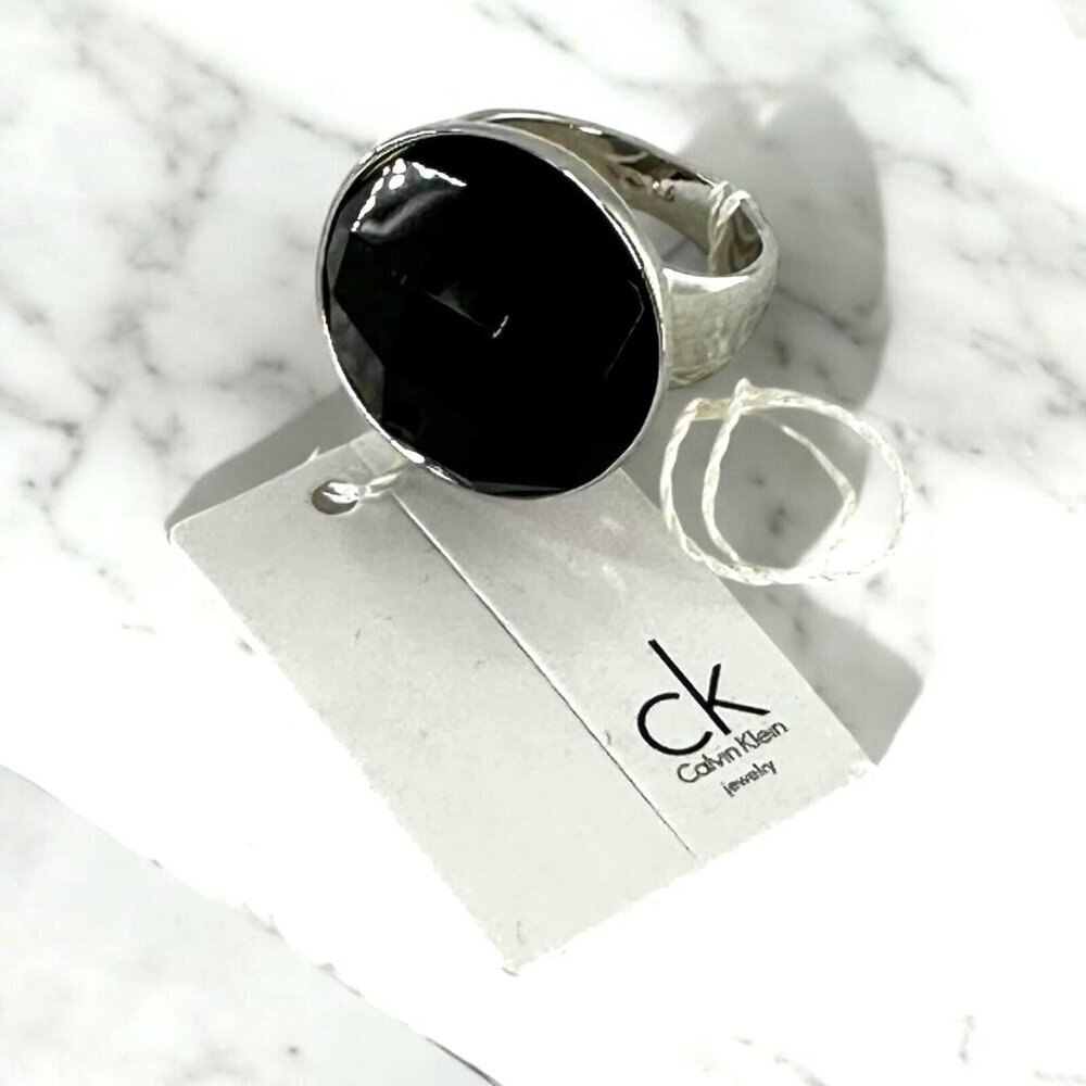 NWT Calvin Klein Faceted Black Stone Silver Statement Ring Size 6
